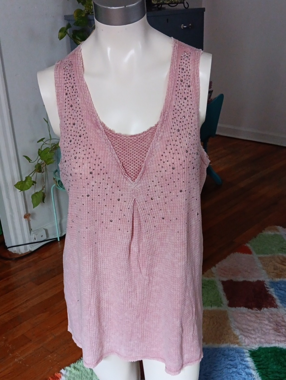 Sleeveless Pink Beaded V-Neck Women's Top